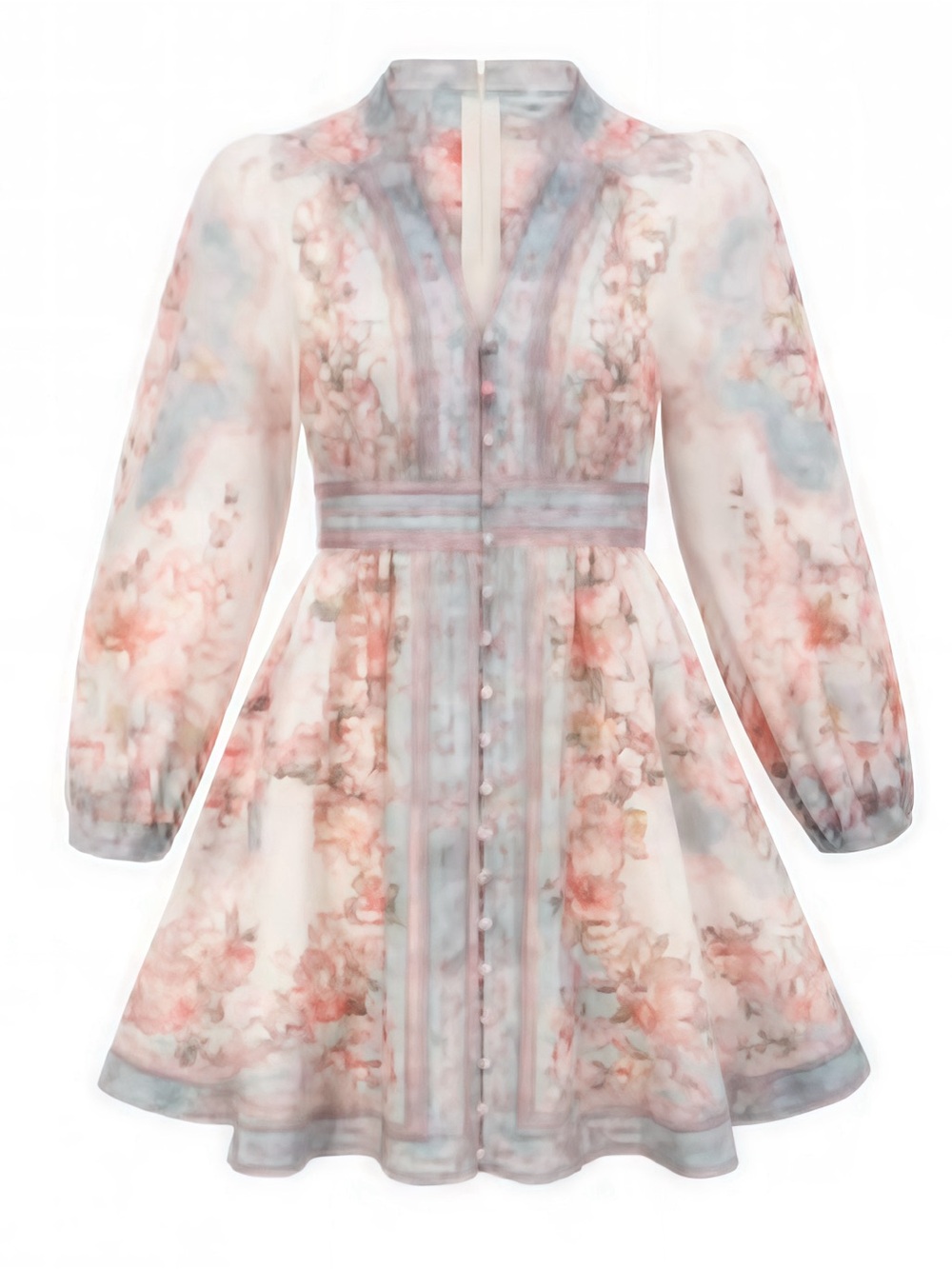 Sheer Floral Button-Front Mini Dress in Blush and Sky